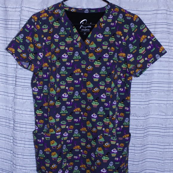 maevn Tops - Maevn Spooky Treats Halloween Printed Curved V-Neck Scrub Top